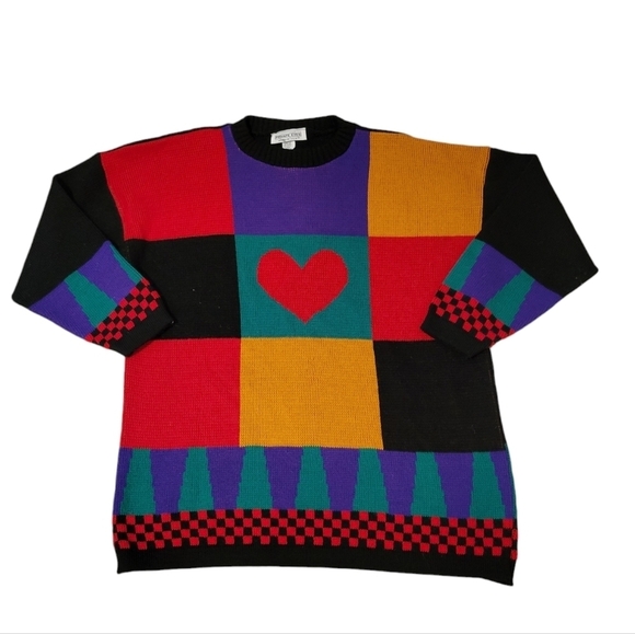Vintage 'Private Eyes' Women's Sweater Unique Vibrant Colorful Heart Art to Wear - Picture 1 of 6